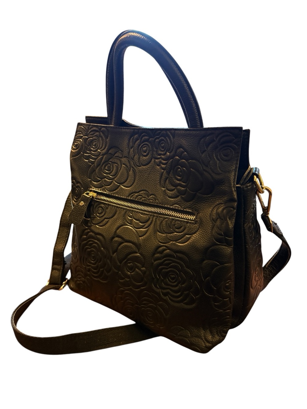 Realer Black Embossed Floral Leather Shoulder Bag with Detachable Strap